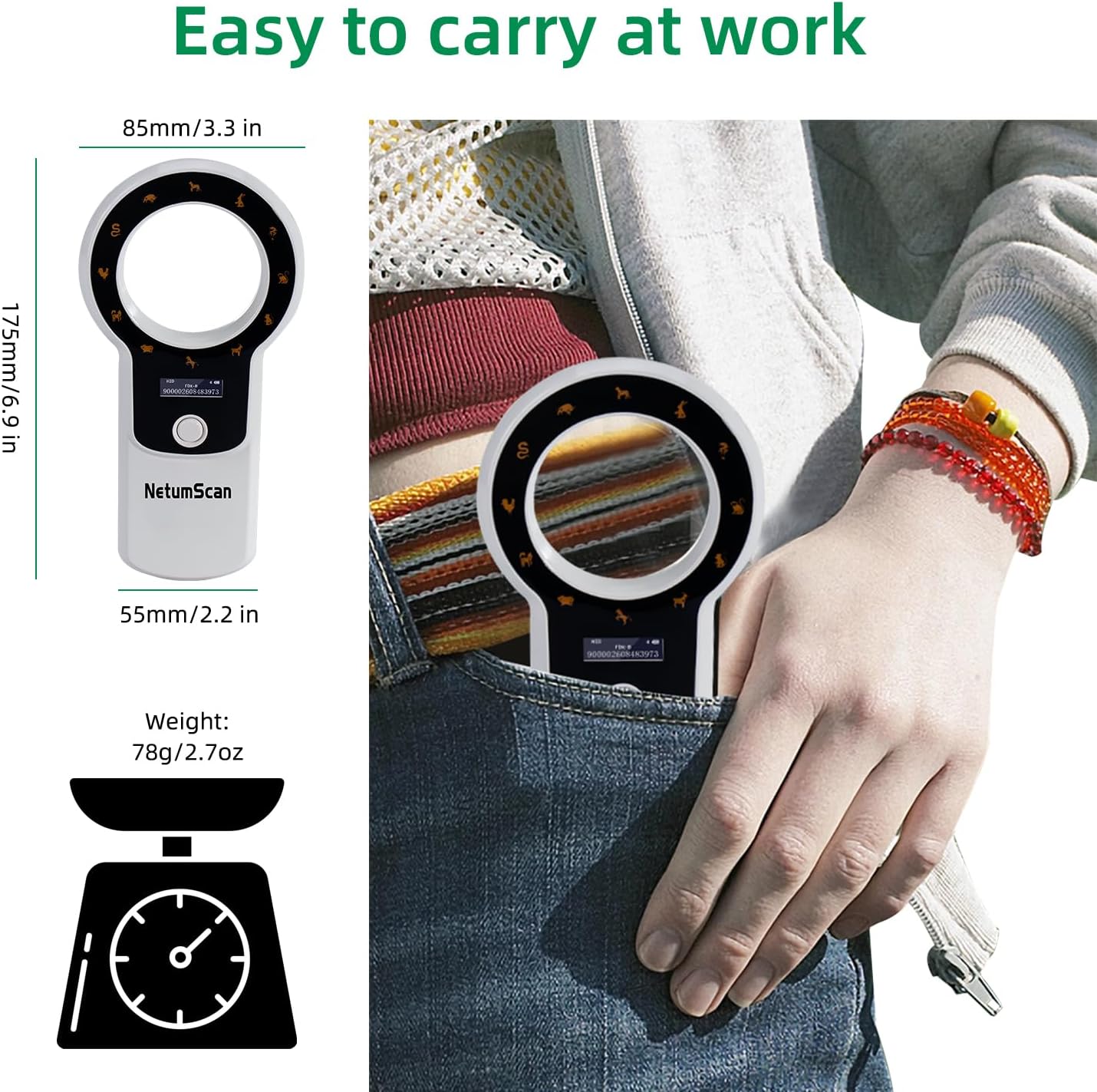 Cititor cipuri animale portabil, cu display OLED, reincarcabil, suporta tehnologie ISO 11784/11785 si ID64 RFID, stocare date, pentru caini, pisici si crotalii ureche
