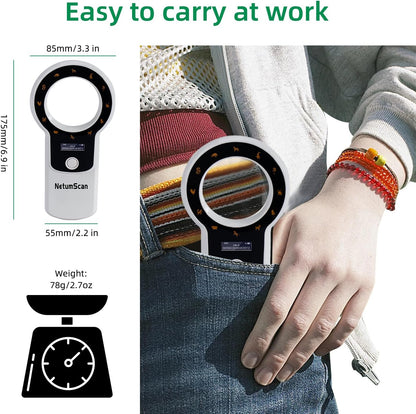 Cititor cipuri animale portabil, cu display OLED, reincarcabil, suporta tehnologie ISO 11784/11785 si ID64 RFID, stocare date, pentru caini, pisici si crotalii ureche