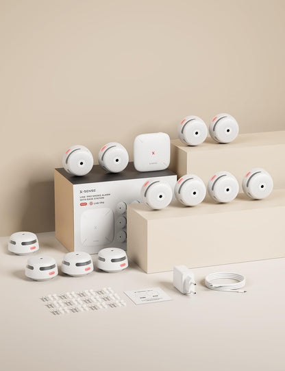 Set 12 detector de fum smart wireless cu statie de baza WiFi, senzor fotoelectric, alarma 85 dB, control prin aplicatie, 500 m raza interconectare, X-Smart