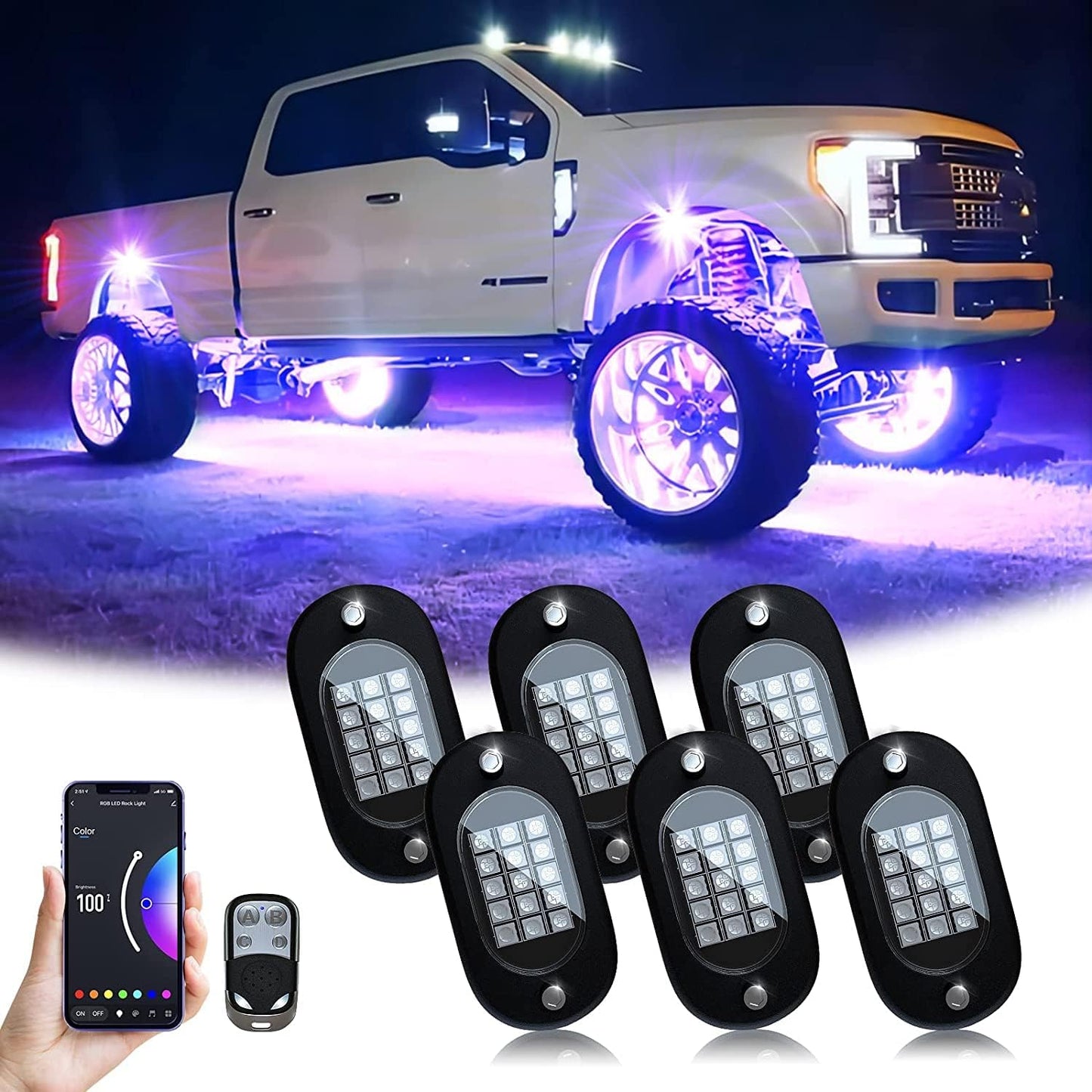 Set 6 lumini ambientale auto LED RGB, control prin aplicatie si telecomanda, sincronizare muzica, aprindere la franare, impermeabile IP68, pentru SUV offroad, camioneta, ATV, motocicleta, carenaj auto