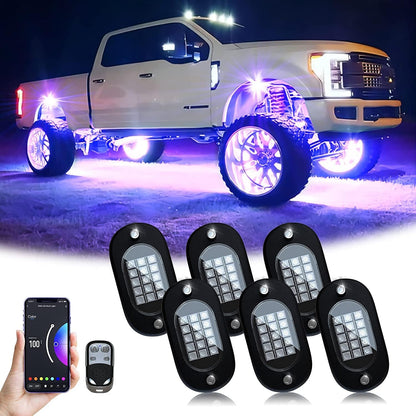 Set 6 lumini ambientale auto LED RGB, control prin aplicatie si telecomanda, sincronizare muzica, aprindere la franare, impermeabile IP68, pentru SUV offroad, camioneta, ATV, motocicleta, carenaj auto