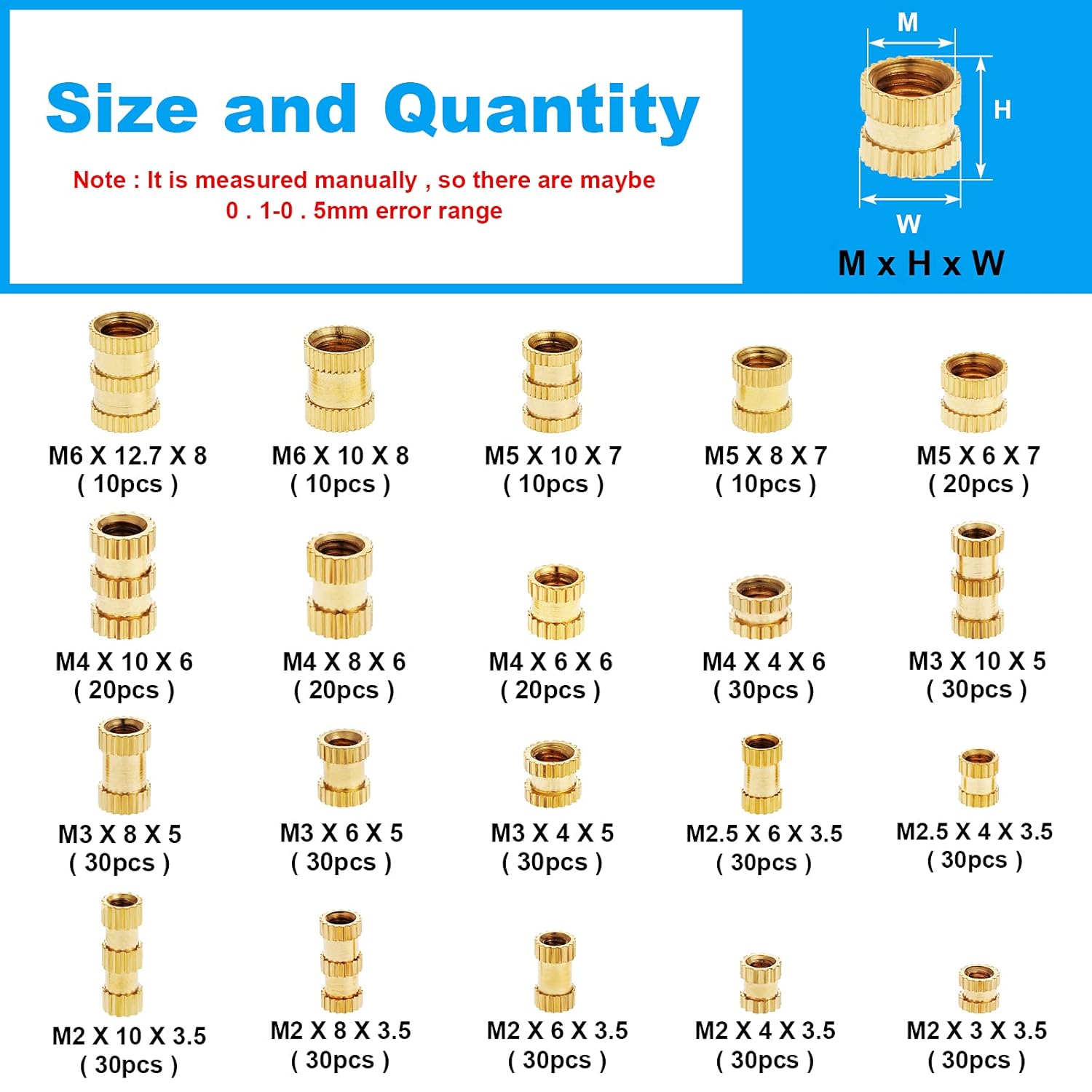Set de 480 piulite moletate din alama cu insertii filetate M2 M2.5 M3 M4 M5 M6, 20 de dimensiuni, pentru imprimarea 3D a pieselor din plastic, in cutie depozitare