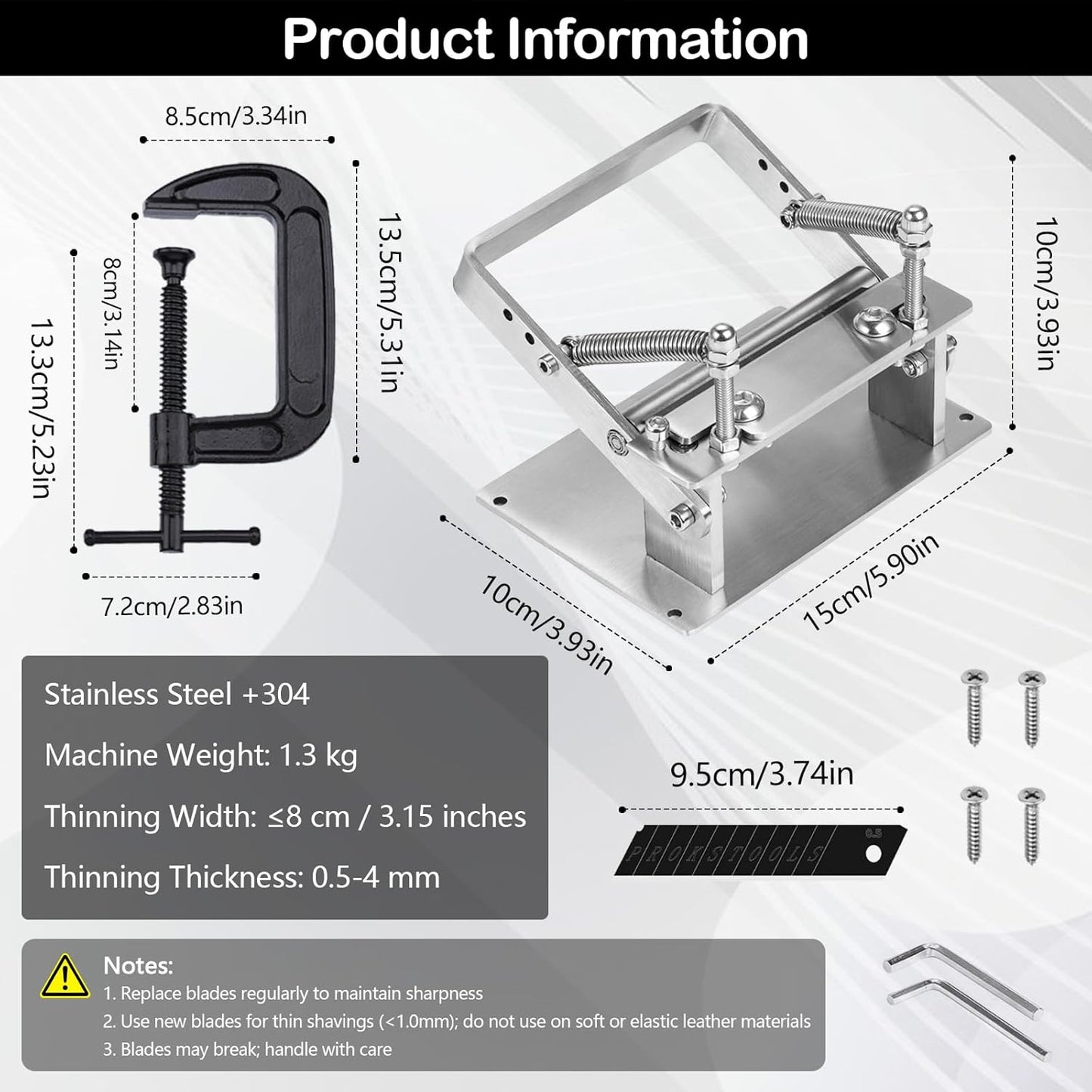 Masina de subtiat pielea, din otel inoxidabil, aparat manual pentru prelucrare piele, 10 lame interschimbabile, reglaj grosime 0, 1 mm, latime lucru 8 cm, maner antiderapant, utilizare manuala sau pe banc, pentru atelier si artizanat piele