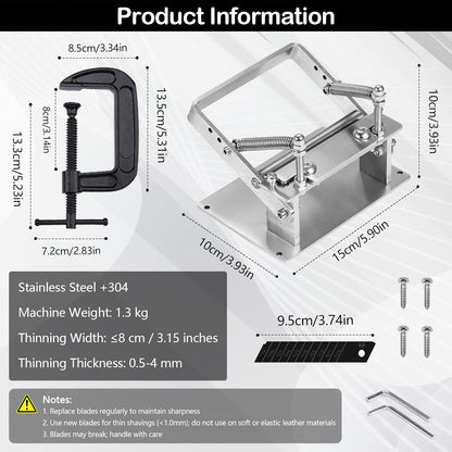 Masina de subtiat pielea, din otel inoxidabil, aparat manual pentru prelucrare piele, 10 lame interschimbabile, reglaj grosime 0, 1 mm, latime lucru 8 cm, maner antiderapant, utilizare manuala sau pe banc, pentru atelier si artizanat piele