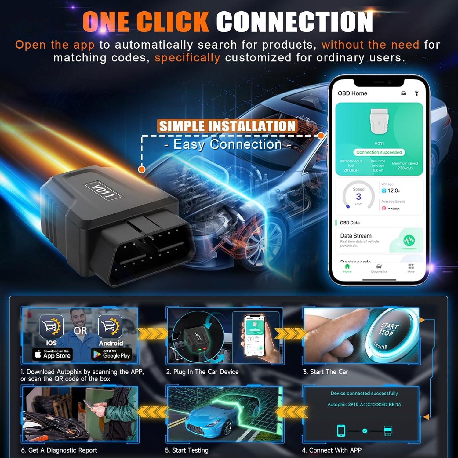 Interfata OBD2, tester Bluetooth 5.4 wireless, diagnoza multimarca cu stergere martori bord, citire coduri eroare, test senzor oxigen, compatibil iOS si Android