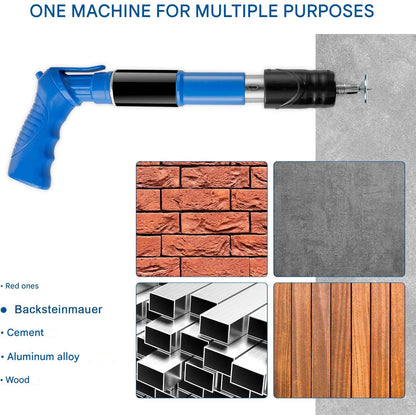 Pistol de cuie manual cu tija de prelungire, unealta de fixarea cuielor si bolturilor in beton, lemn, fier, perete, tavan, pardoseala, cu 120 cuie rotunde incluse, 5 trepte putere, in geanta transport si depozitare