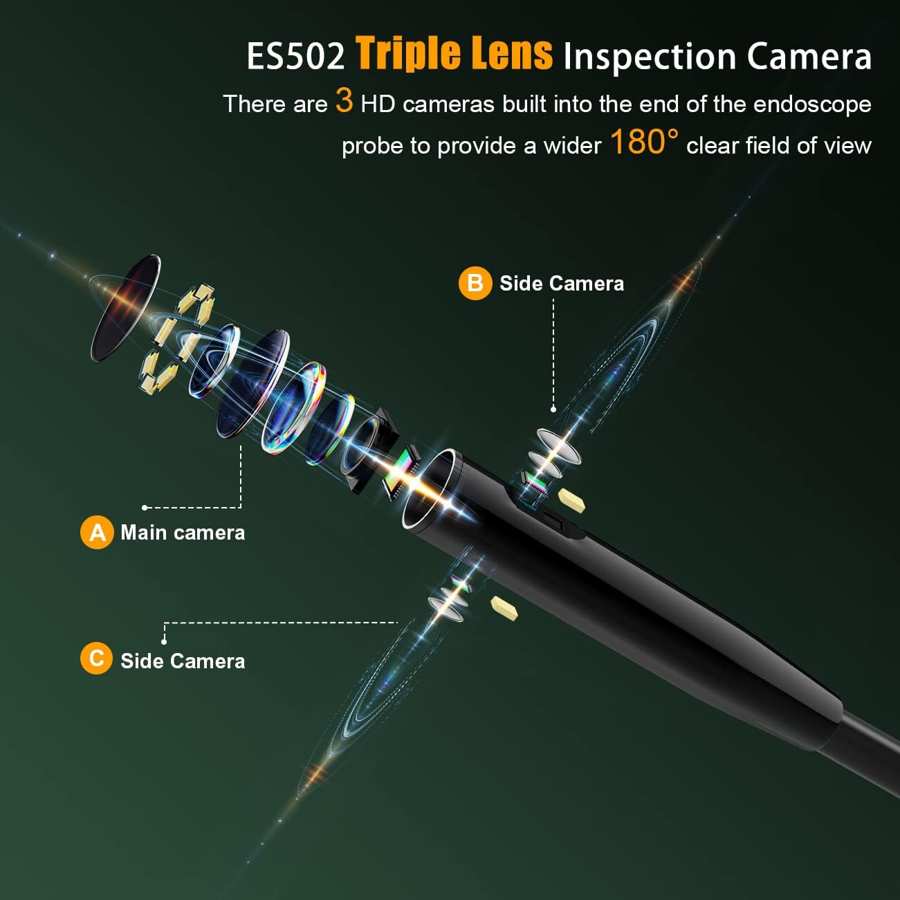 Endoscop industral, camera de inspectie cu 3 lentile, tub 8 mm semirigid si detasabil de 10 m, cu 10 lumini LED, impermeabil IP68, card de memorie de 32 GB inclus