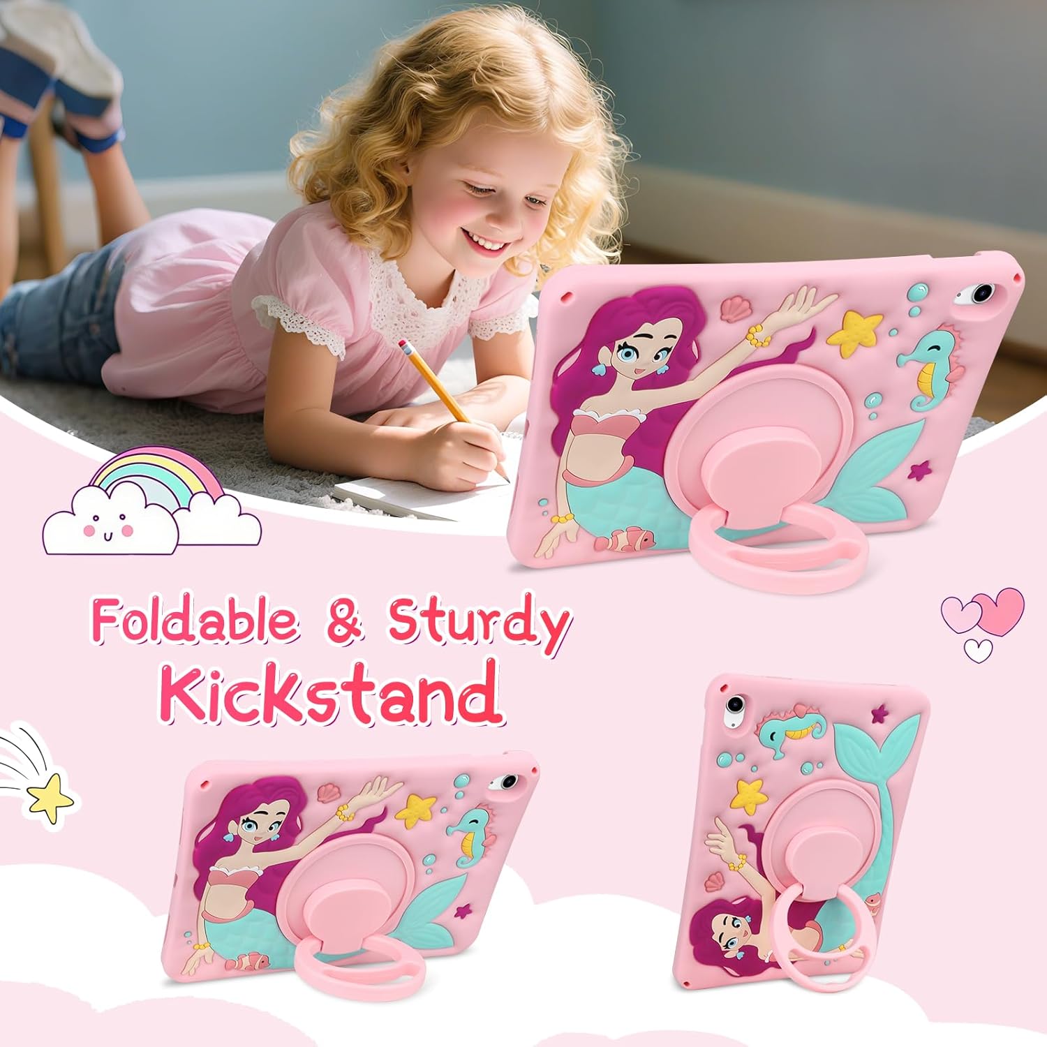 Husa de protectie pentru iPad Gen 11 A16 si iPad Gen 10 2022 10.9 inch, model sirena, cu stand tip inel rotativ 360° si curea de umar, roz