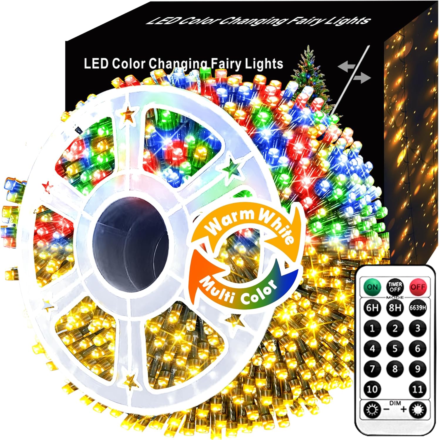 Instalatie brad Craciun LED pentru interior si exterior, de 60 metri, cu telecomanda, alb cald si multicolor, luminozitate reglabila, 11 moduri iluminare, impermeabil IP44