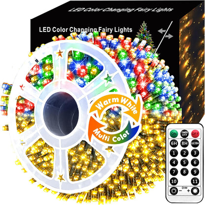 Instalatie brad Craciun LED pentru interior si exterior, de 60 metri, cu telecomanda, alb cald si multicolor, luminozitate reglabila, 11 moduri iluminare, impermeabil IP44