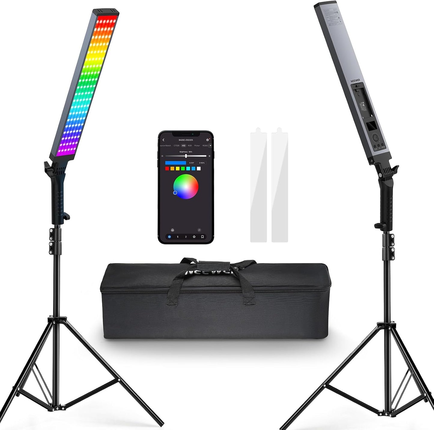 Kit lumina continua, 2 lumini studio LED RGB, lampa video CRI95+, 3250lux, dimabile 2500-10000K, control prin aplicatie, filtre difuzie, display LCD, alimentare duala, cu 2 buc trepied reglabil si geanta de depozitare si transport