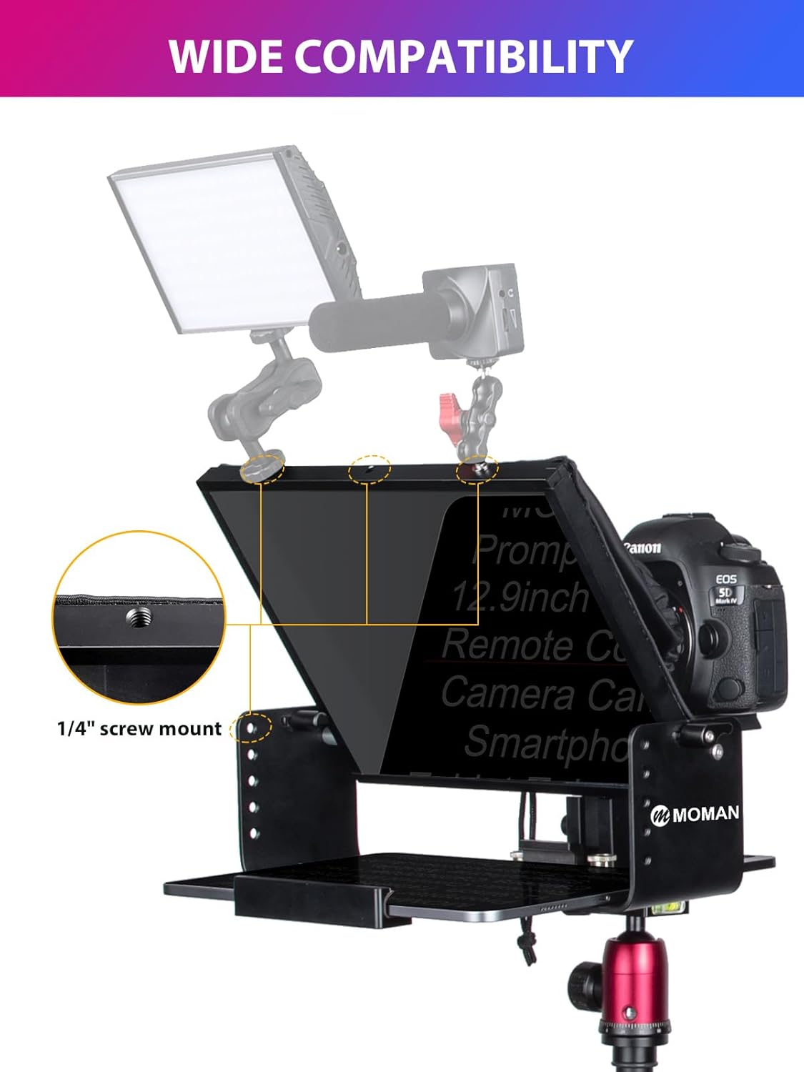 Kit teleprompter de 12 inch, pentru camere DSLR, cu telecomanda, compatibil cu smartphone si tableta pana la 12.9 inch, din metal, cu montura 1/4 inch si geanta de depozitare si transport