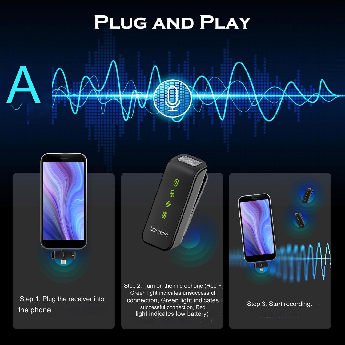 Set 2 microfoane lavaliera pentru iPhone, iPad si Android, sunet omnidirectional 360º, cu statie de incarcare, plug & play, sistem reducere zgomot, wireless 2.4G, indicator nivel baterie, incarcare USB-C, portabil, negru