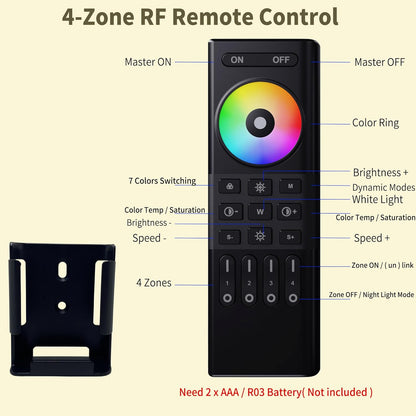Set 2 controler LED RGB Wireless cu telecomanda 2.4GHz pe 4 zone, pentru banda LED, DC 5V-24V, reglare luminozitate, selectare culoare, usor de utilizat