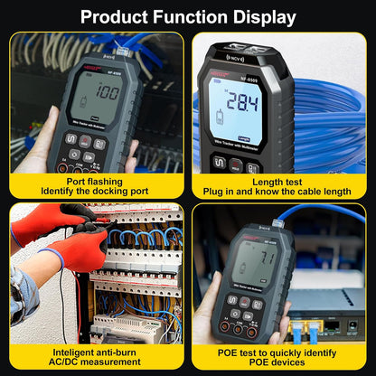 Tester cablu de retea si multimetru 2 in 1, cu PoE si NCV, Port Flash, test de lungime TDR, masurare tensiune AC/DC, curent AC/DC, rezistenta, continuitate, dioda, cu incarcare USB-C si display LCD
