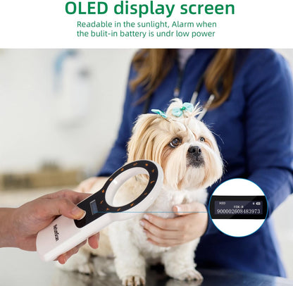 Cititor cipuri animale portabil, cu display OLED, reincarcabil, suporta tehnologie ISO 11784/11785 si ID64 RFID, stocare date, pentru caini, pisici si crotalii ureche