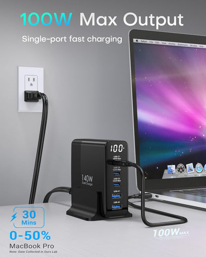 Incarcator retea 140W GaN, statie de incarcare cu 5 porturi, 3 USB-C 100W si 2 USB-A, afisaj digital, protectie supracurent, supratensiune, scurtcircuit si supraincalzire, cu cablu alimentare de 1.5 m, negru
