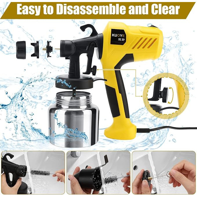 Pistol de vopsit electric 400 W, cu 4 duze de cupru 0,8/ 1,0/ 1,5/ 2,5 mm, recipient 800 ml din aluminiu, detasabil, perie si ac de curatare, pulverizator de vopsea cu supapa reglabila, model pulverizare rotund, orizontal sau vertical