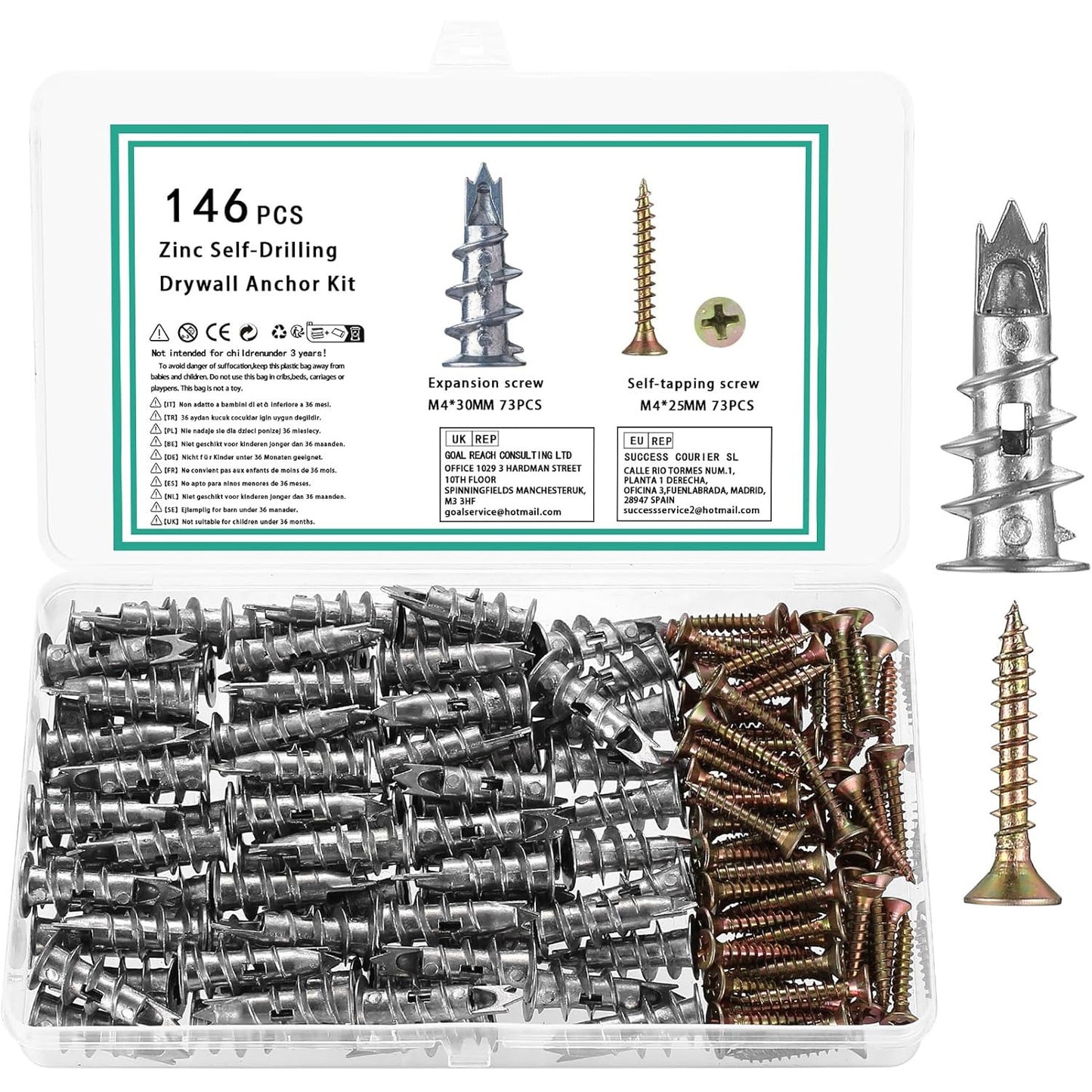 Set de dibluri metalice 146 autoforante M4 pentru gips-carton, cavitati si beton cu suruburi Incluse, pentru montaj rapid si fixare sigura pe pereti si structuri