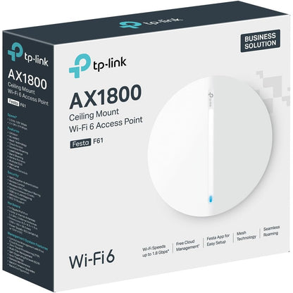 Access Point TP-Link Festa F61 AX1800 WiFi 6, dual-band 2.4/5 GHz, 1.8 Gbps, MU-MIMO, OFDMA, management cloud gratuit, PoE 802.3af/at + DC 12V, mesh, VPN, VLAN, pana la 250 utilizatori, retea guest