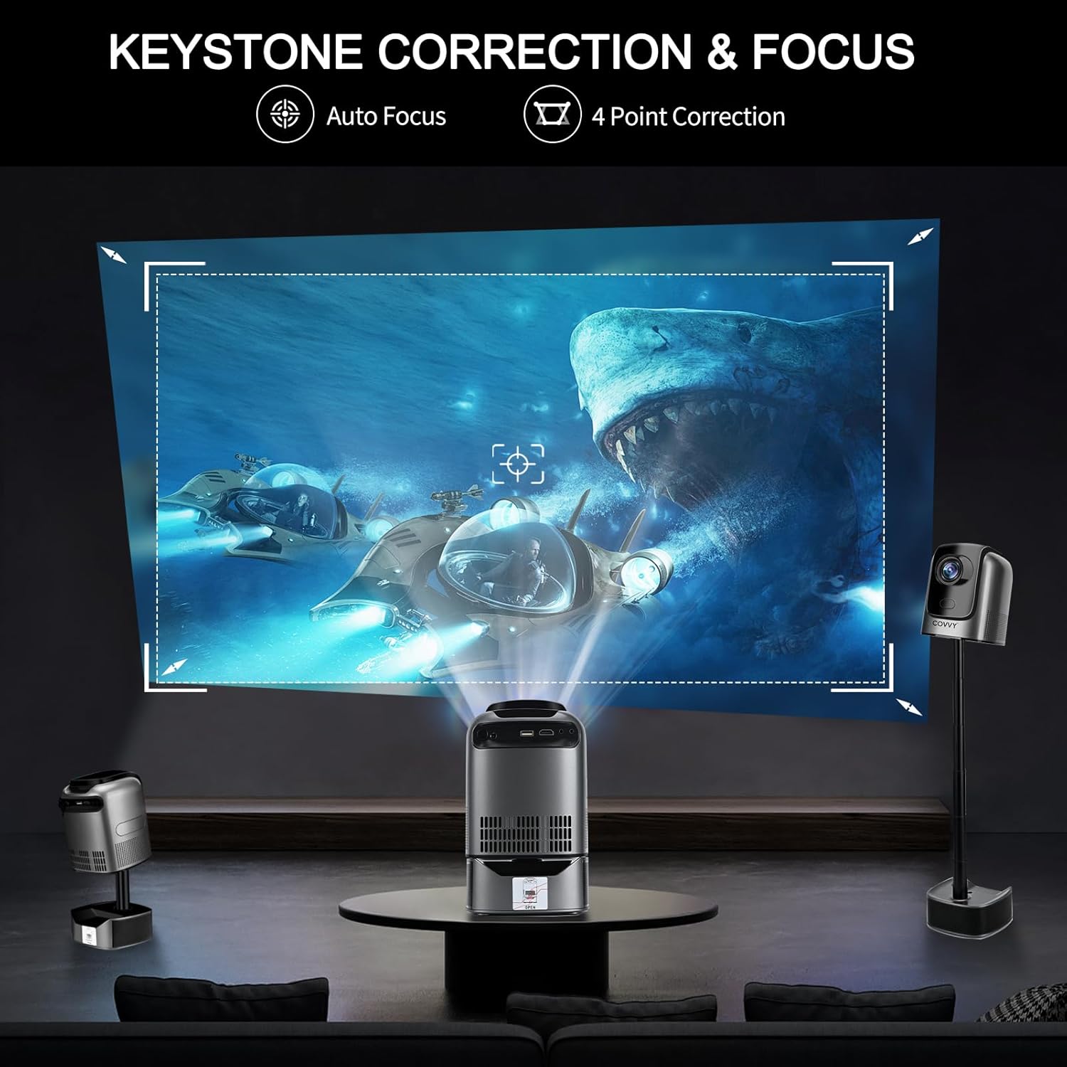 Videoproiector cu WiFi 6, Bluetooth, stand cu inaltime reglabila, Full HD 1080p, accepta 4K, 10000 lumeni, autofocus, corectie keystone, difuzor incorporat, pentru smartphone, tableta, consola, PC
