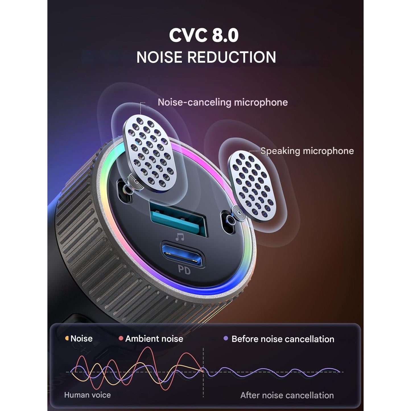 Modulator FM cu Bluetooth 5.4, apeluri Hands‑Free si dual microfon, incarcare rapida 60W (PD 30W + USB‑C 30W), Redare U‑Disk, LED multicolor, negru