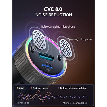 Modulator FM cu Bluetooth 5.4, apeluri Hands‑Free si dual microfon, incarcare rapida 60W (PD 30W + USB‑C 30W), Redare U‑Disk, LED multicolor, negru