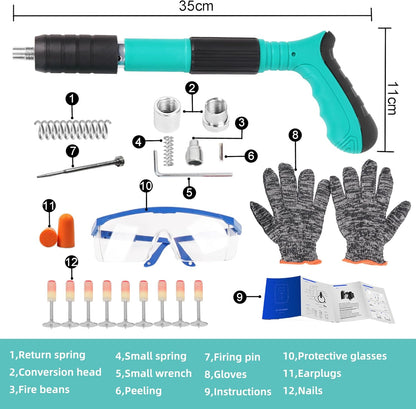 Pistol de cuie manual, unealta pentru fixarea cuielor si bolturilor in beton, lemn, fier, perete, tavan, pardoseala, de 35 cm, cu 50 cuie rotunde incluse, 3 trepte de putere, in geanta de transport si depozitare