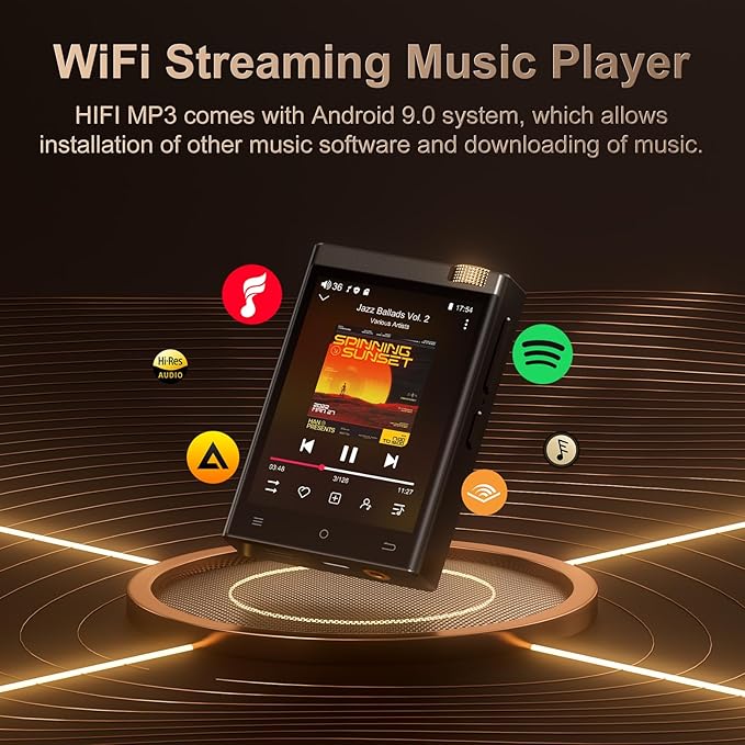 MP3 Player 80GB, Bluetooth V4.1, Wifi, ecran 2, 8 inch, sunet HiFi, Lossless DSD512, acumulator 1450 mAh, 15 ore de redare, memorie 16 GB si card 64 GB, suporta card pana la 1 TB, cu Android Spotify