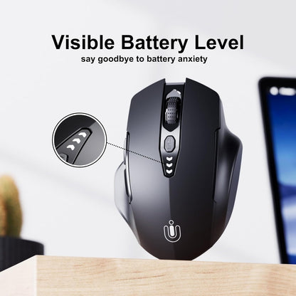 Mouse wireless cu Bluetooth 5.0/4.0 si 2.4 GHz, DPI reglabil pe 4 niveluri, indicator nivel baterie, design ergonomic, pentru laptop si PC, negru