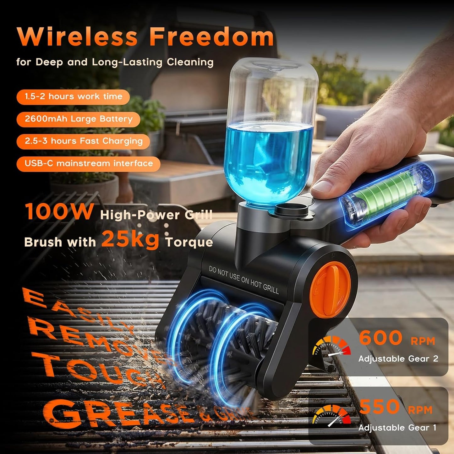 Perie electrica profesionala pentru curatat gratare 100W, 8000 RPM, curatare automata 360°, rezervor apa 300ml cu pulverizare, baterie 2600mAh 7.4V, 2 viteze, IPX8 waterproof, peri otel inoxidabil 304, incarcare USB-C, set complet cu accesorii si geanta
