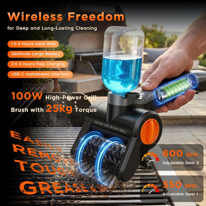 Perie electrica profesionala pentru curatat gratare 100W, 8000 RPM, curatare automata 360°, rezervor apa 300ml cu pulverizare, baterie 2600mAh 7.4V, 2 viteze, IPX8 waterproof, peri otel inoxidabil 304, incarcare USB-C, set complet cu accesorii si geanta