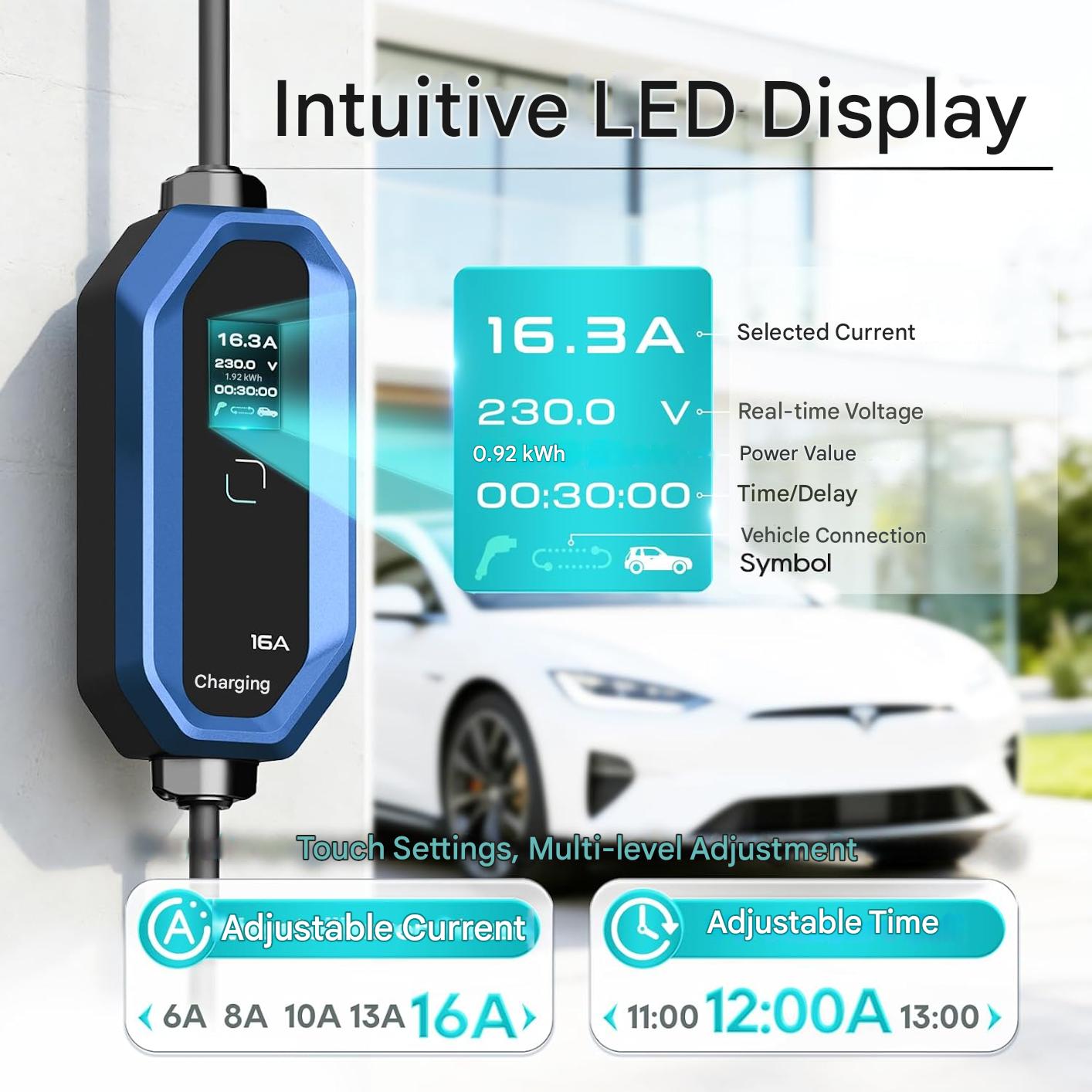 Statie de incarcare portabila pentru masini electrice cu cablu Type 2, cablu de incarcare EV, 5 m, 3,68 kW, 230 V, IEC 62196-2, curent reglabil 6-16 A, Chargingo, impermeabil IP65, afisaj LCD, cu geanta de depozitare