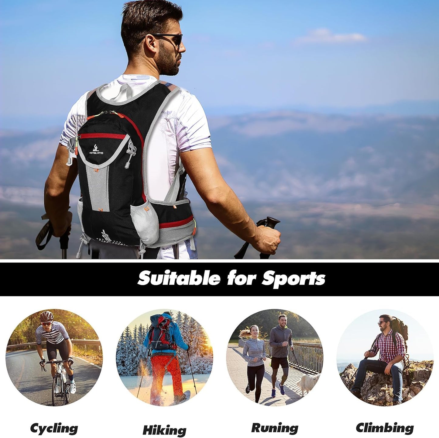 Rucsac de hidratare de 15 litri cu rezervor de apa de 2 litri, impermeabil, detalii reflectorizante, respirabil, multifunctional, pentru drumetii, alergare, ski, ciclism