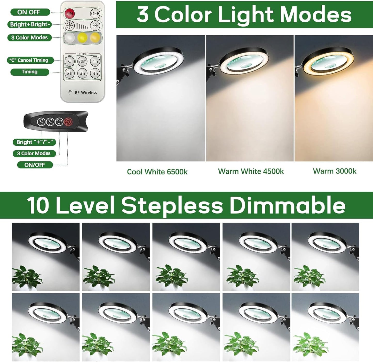 Lampa cosmetica LED cu lupa 10X-15X, lumina reglabila in 3 culori alb cald/rece, dimabila, cu telecomanda, brat reglabil cu prindere tip menghina, pentru machiaj, manichiura, tatuaje