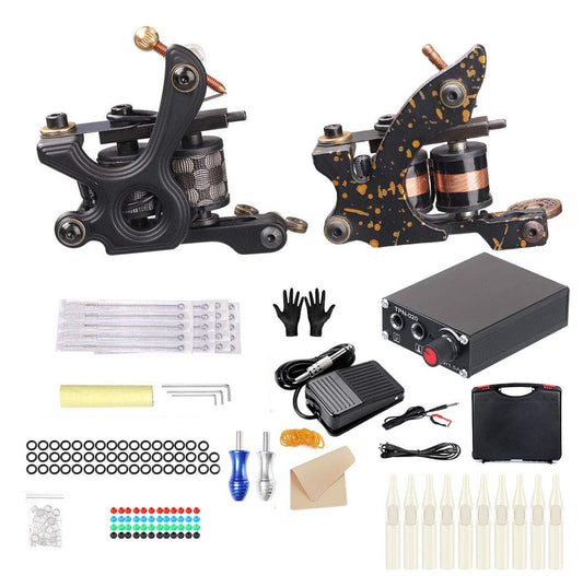 Set 2 masini de tatuat cu sursa de alimentare, 20 de ace pentru tatuaj, aparat cu bobina, piele de practica, actionare prin pedala, cu kit de accesorii