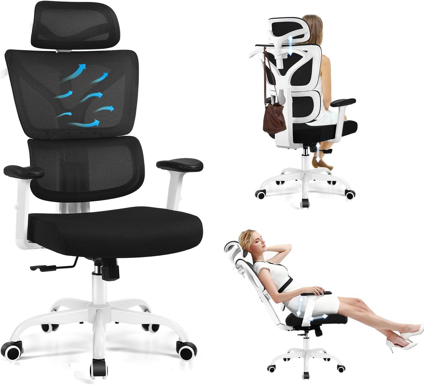 Scaun de birou ergonomic 50cm x 44cm x 128 cm, mecanism tilt, inaltime reglabila, rotativ 360°, tetiera reglabila, suport lombar, cotiere 3D, spatar reglabil 90°/105°/130°, alb