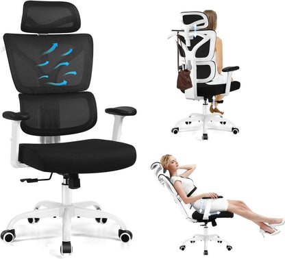 Scaun de birou ergonomic 50cm x 44cm x 128 cm, mecanism tilt, inaltime reglabila, rotativ 360°, tetiera reglabila, suport lombar, cotiere 3D, spatar reglabil 90°/105°/130°, alb