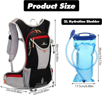 Rucsac de hidratare de 15 litri cu rezervor de apa de 2 litri, impermeabil, detalii reflectorizante, respirabil, multifunctional, pentru drumetii, alergare, ski, ciclism