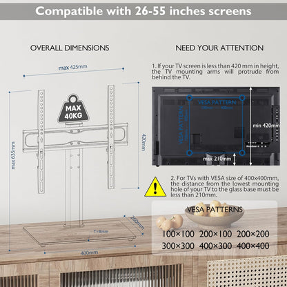 Suport TV cu stand de masa, pentru televizor 26-55 inch, suporta greutate pana la 40 kg, baza 400 x 260 mm din sticla, inaltime ajustabila, prinderi din otel, multifunctional