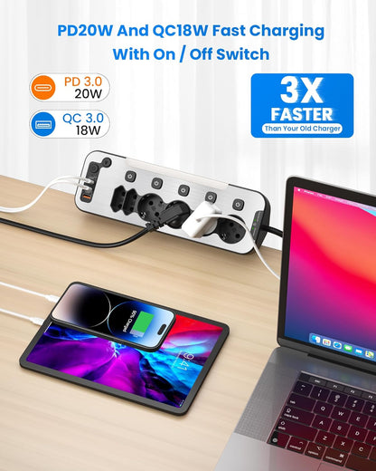 Prelungitor pentru perete/colt cu 6 prize cu intrerupator, 2 x USB-C cu incarcare PD 20W, 1 x USB-A QC 18W, lumina de noapte, cu prindere pentru birou si cablu de 2 m