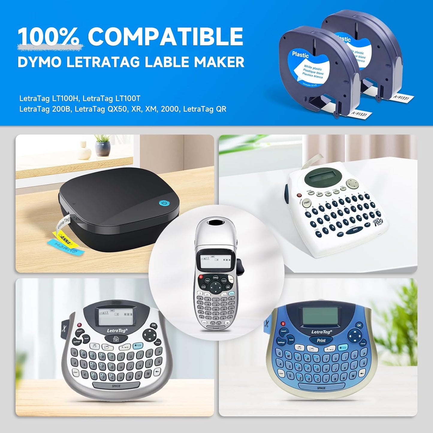 Set 10 benzi etichete plastic alb compatibil Dymo Letratag 91221 91201 91331, 12 mm x 4 m, pentru Dymo Lt-100H LT-100T XR QX50 200B