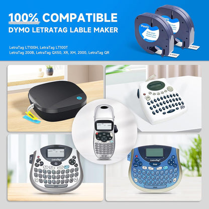 Set 10 benzi etichete plastic alb compatibil Dymo Letratag 91221 91201 91331, 12 mm x 4 m, pentru Dymo Lt-100H LT-100T XR QX50 200B