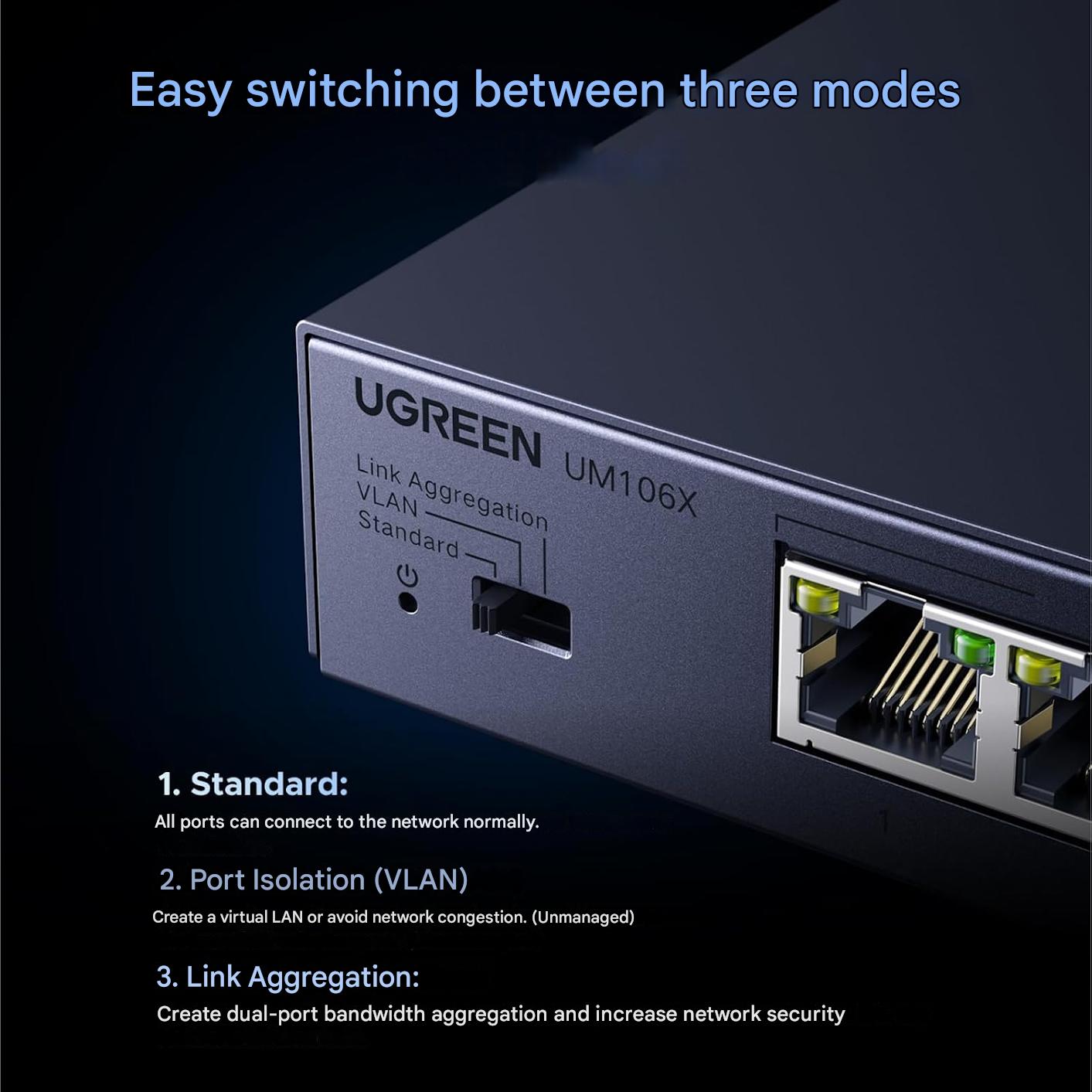 Switch LAN UGREEN 2.5 G cu 5 porturi 2.5G + 1 port SFP+ 10G, neadministrat, pentru PC, NAS, server, WiFi 6, transfer rapid date, carcasa metalica, montare desktop sau perete