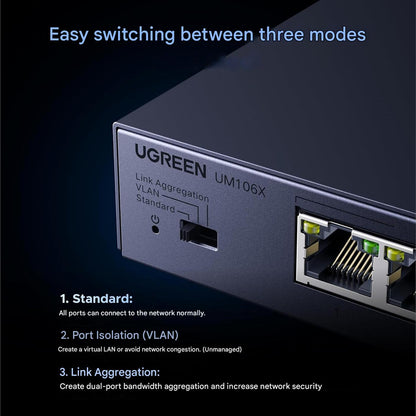 Switch LAN UGREEN 2.5 G cu 5 porturi 2.5G + 1 port SFP+ 10G, neadministrat, pentru PC, NAS, server, WiFi 6, transfer rapid date, carcasa metalica, montare desktop sau perete