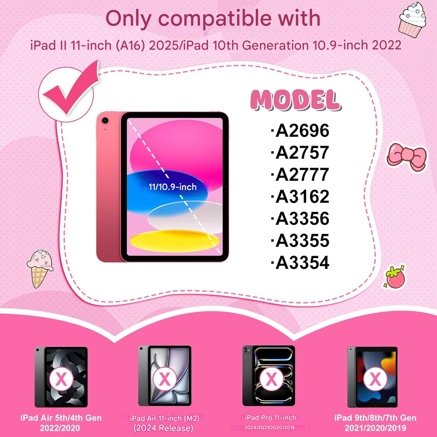Husa pentru iPad a 11-a generație (A16) 2025 / iPad a 10-a generatie 10.9 2022, pentru fete, cu design dragut inghetata, deserturi, cu curea de umar rotativa, suport, protectie din silicon, roz