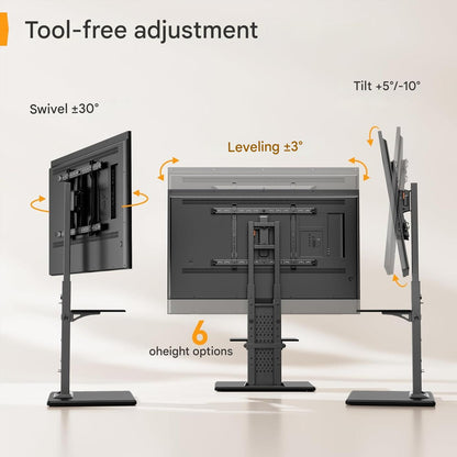 Suport TV, stand pentru televizor 32-86 inch, VESA 600 x 400 mm, pana la 60 kg, 6 reglaje de inaltime cu raft, baza eleganta din lemn