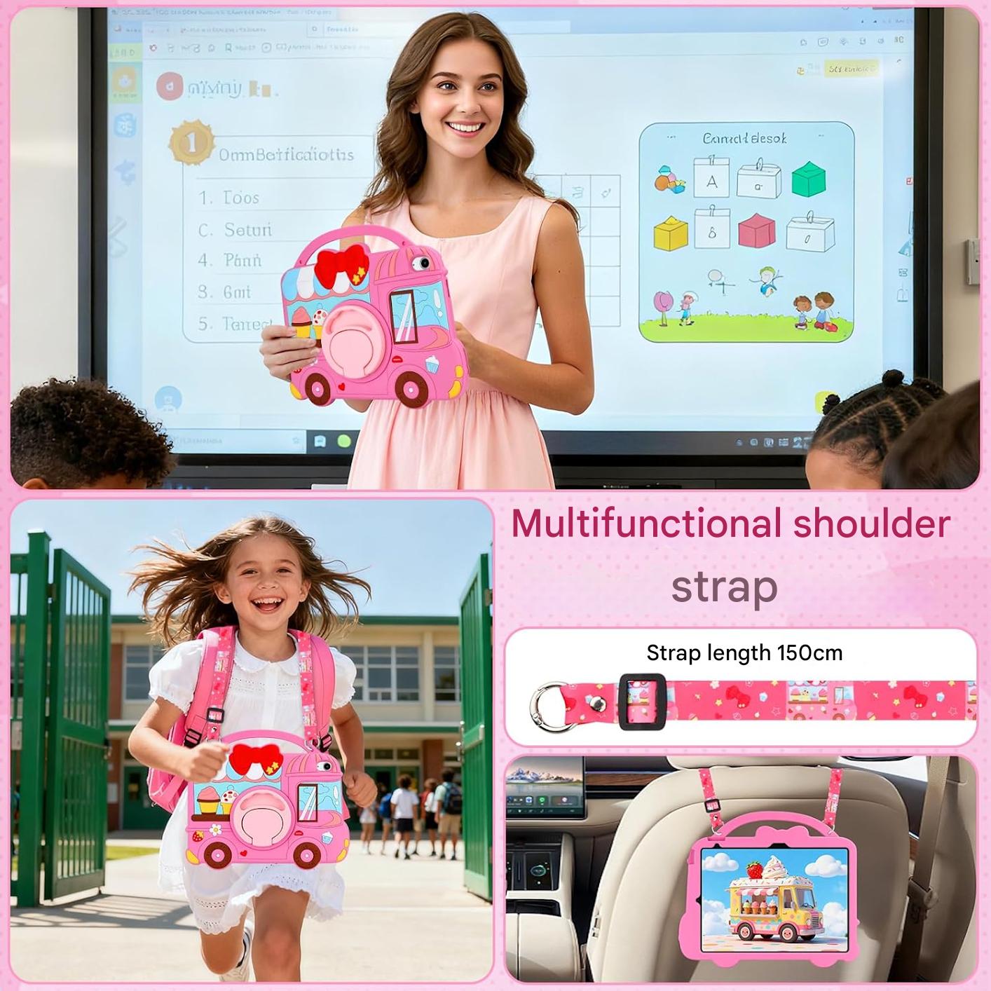 Husa pentru iPad a 11-a generație (A16) 2025 / iPad a 10-a generatie 10.9 2022, pentru fete, cu design dragut inghetata, deserturi, cu curea de umar rotativa, suport, protectie din silicon, roz