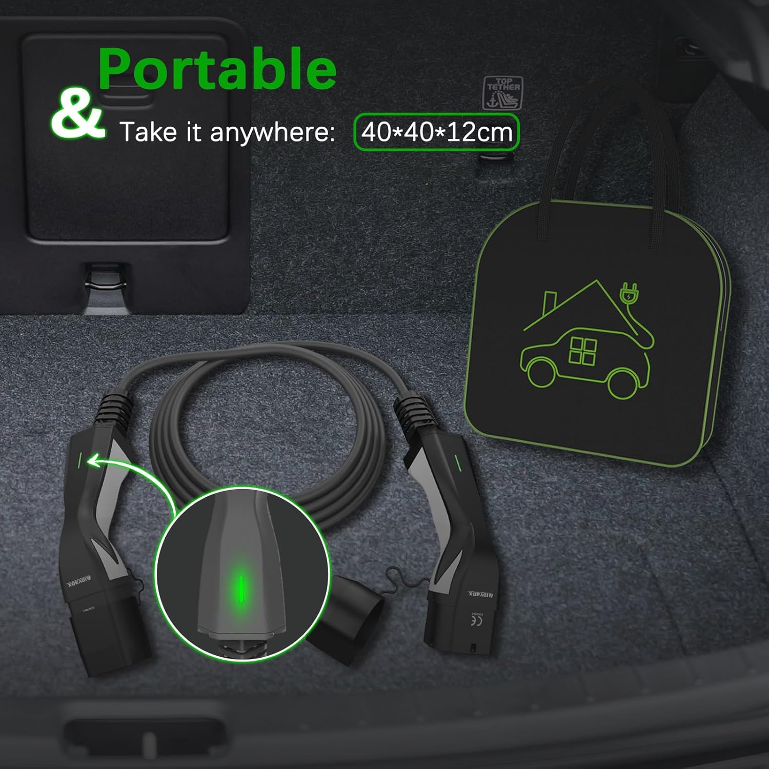 Cablu de incarcare EV pentru masini electrice, de 10 m, 22 kW 32 A, Trifazat, impermeabil IP 66, Type 2 la Type 2, EV/PHEV, cu geanta de depozitare si transport