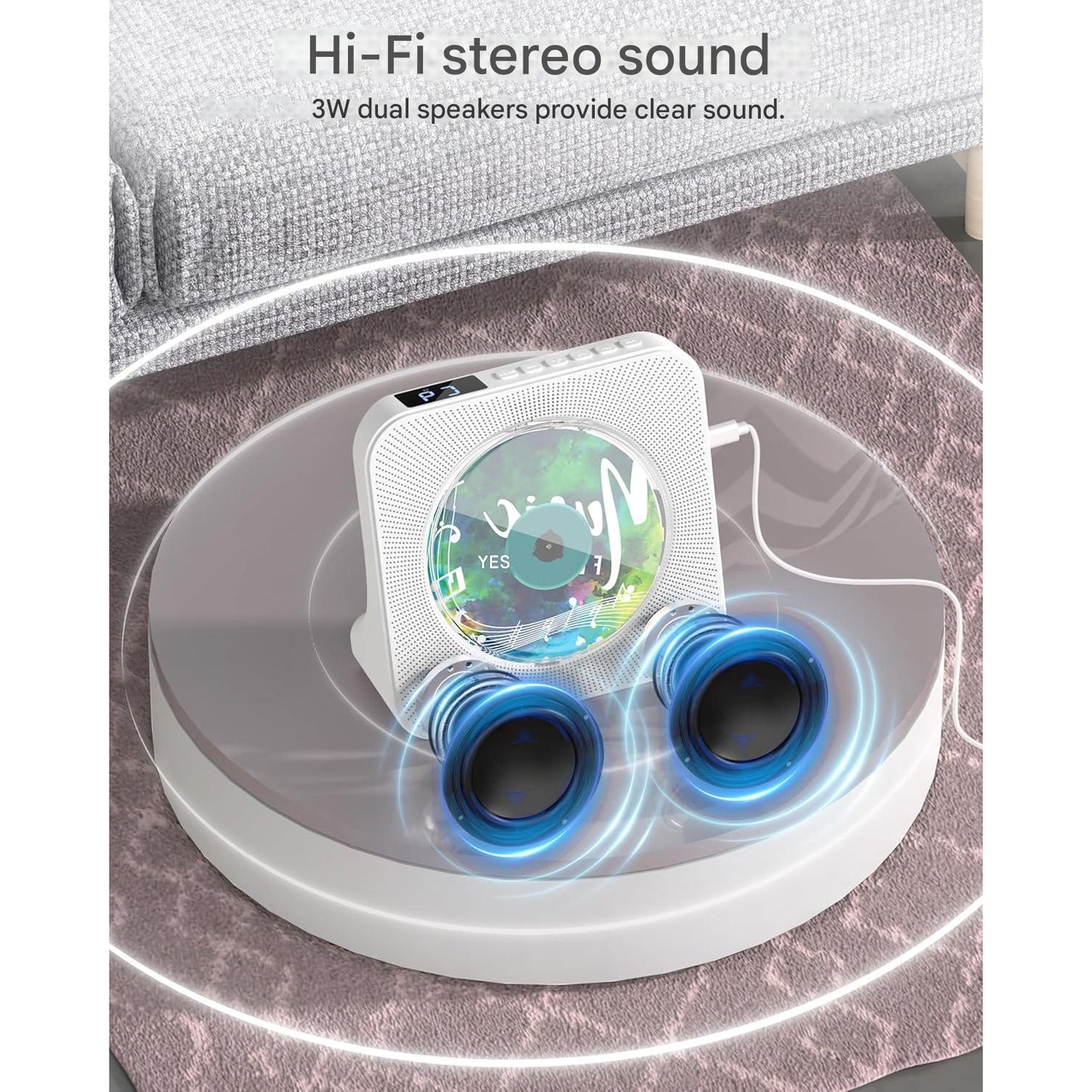 CD Player portabil premium Greadio cu Bluetooth 5.0 bidirectional, difuzoare HiFi stereo, telecomanda, display LED, radio FM, suport CD/MP3/USB/AUX, jack casti, design elegant anti-praf, functie sleep timer, alb